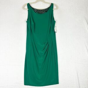 Lauren Ralph Lauren Ruched Stretch Jersey Dress Size 14 NWT Emerald Green Beaded